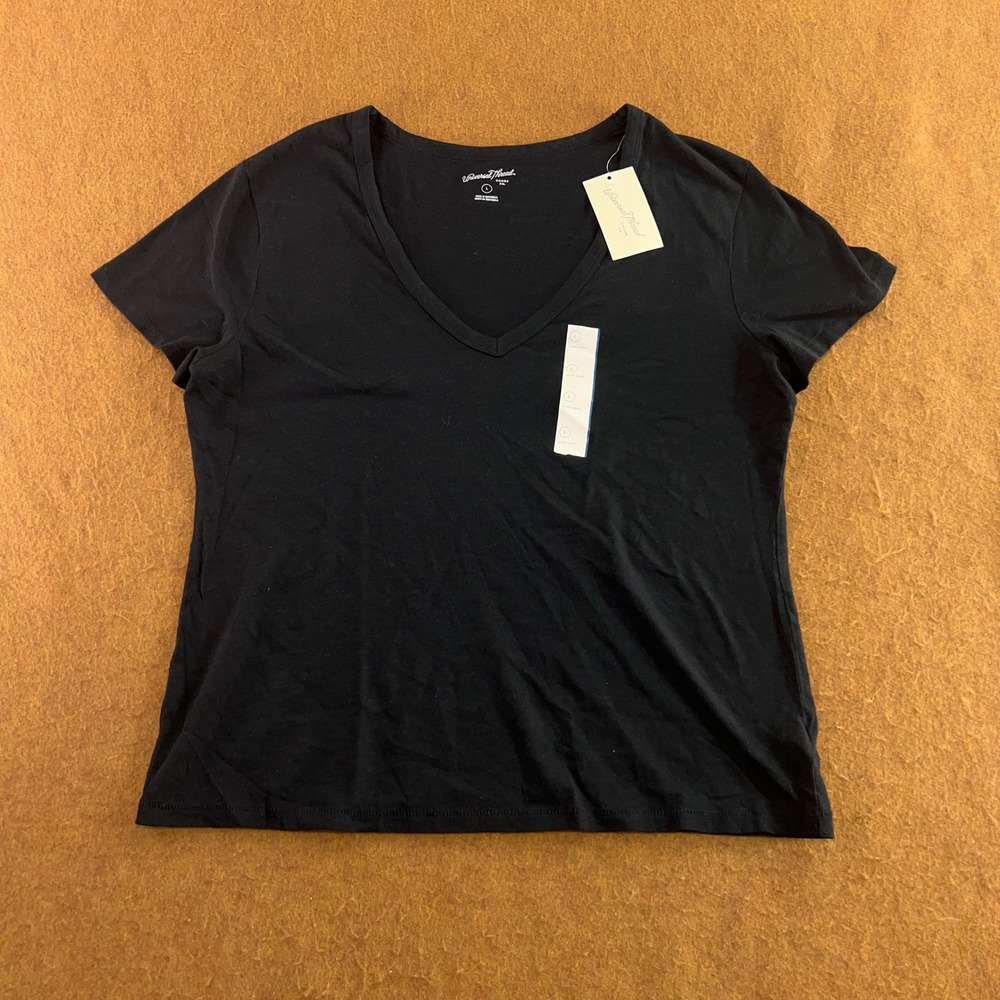 Universal Thread Womens Large Black Solid Cotton V-Neck Short Sleeve T-Shirt NWT